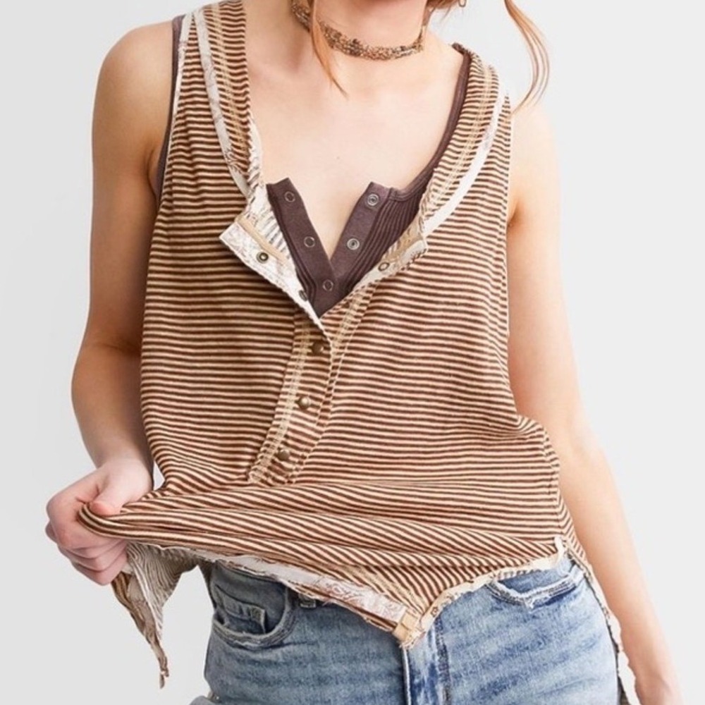 We The Free People Love Language Striped Henley Tank Top Brown White XS NWT